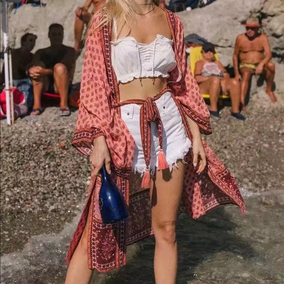 Teal Boho Kimono Floral Gypsy Print Maxi CoverUp - Picture 6 of 15